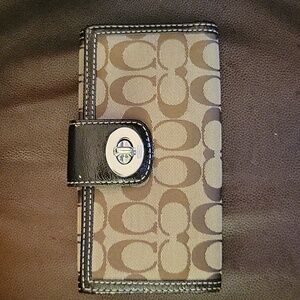 Coach Authentic brown tan fabric leather wallet 8x4" gold trim Clean! Very Nice…